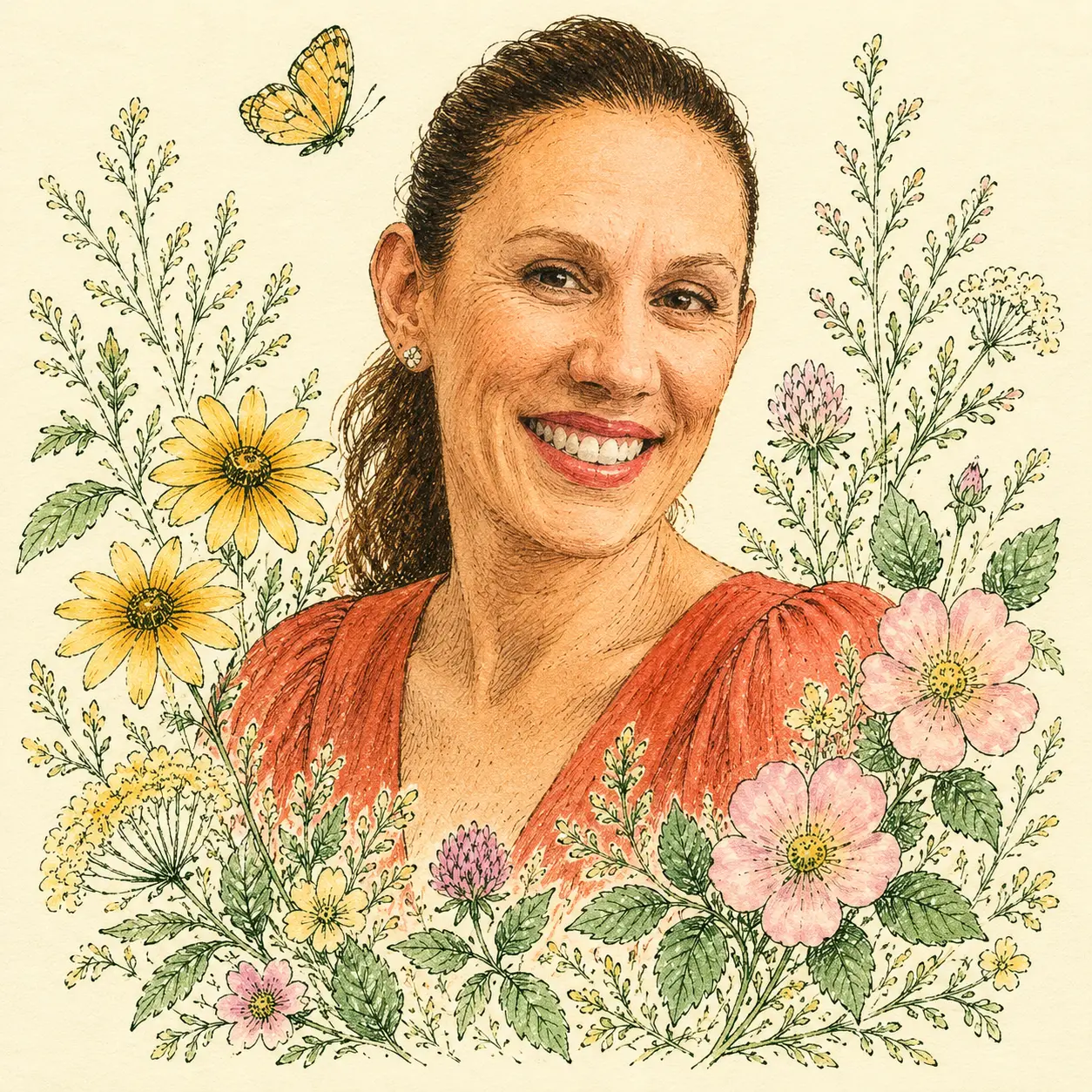 Illustrated portrait of CJ Valle surrounded by wildflowers