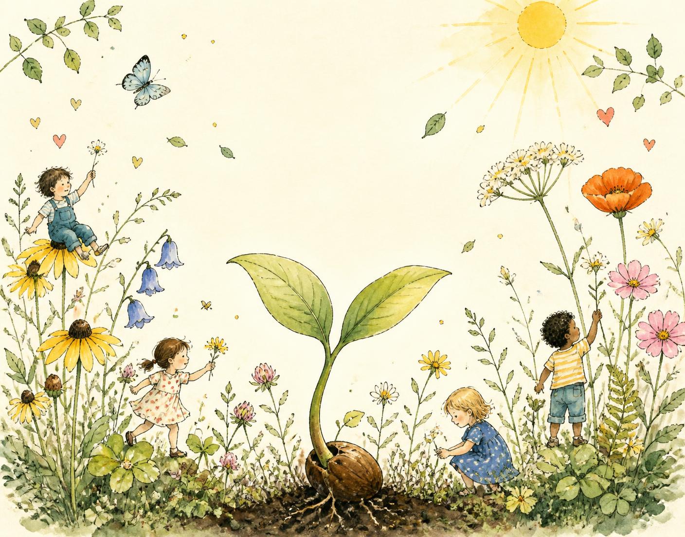Hand-drawn illustration of children tending a sprouting seed in a wildflower garden